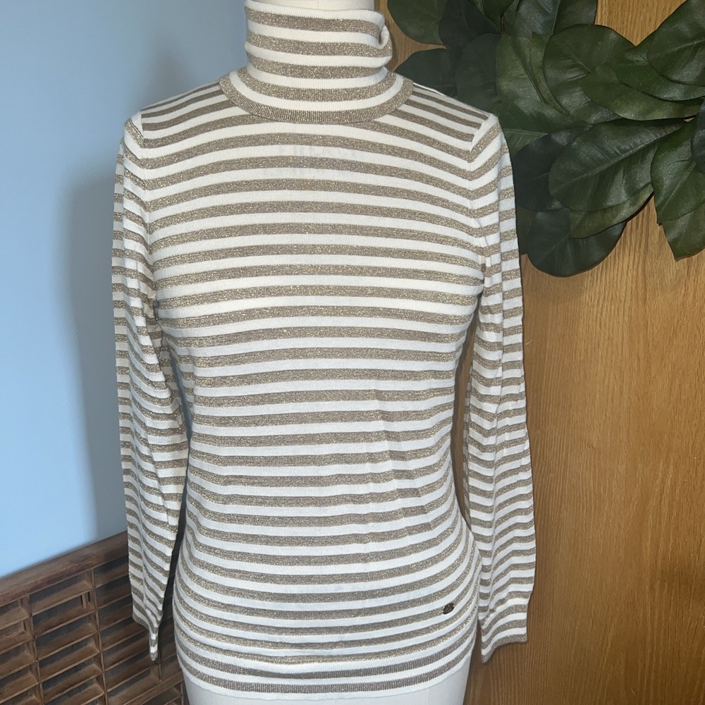 Lauren Ralph Lauren Womens M Striped Metallic Turtleneck Gold White‎ Long Sleeve